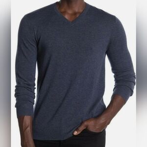Theory Men's XL Riland V-Neck Long Sleeve Wool Pullover Sweater In Indigo